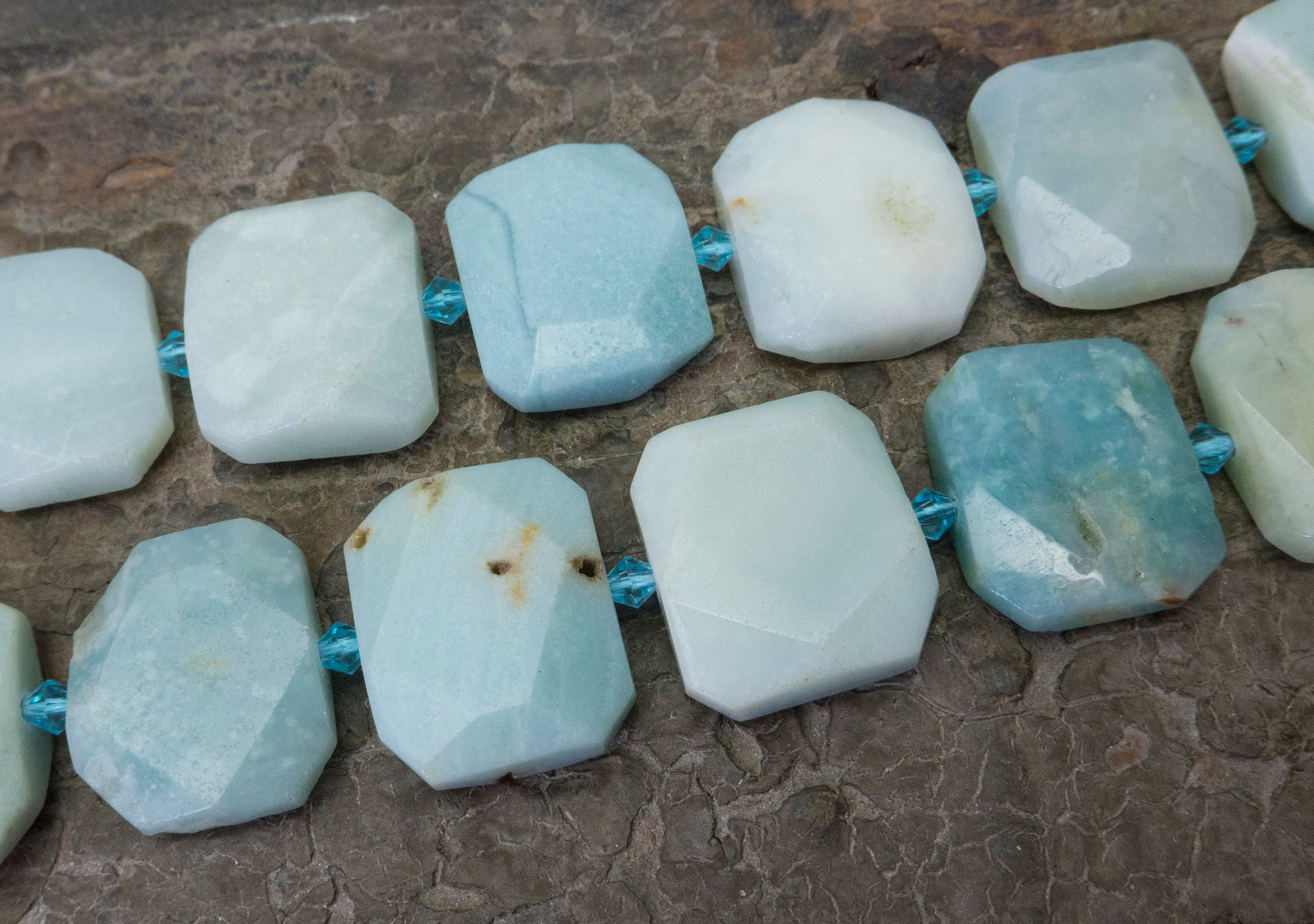 Soft Blue Amazonite Facetd Beads - Chunky Gemstone Slab - Faceted Rectangle Stone - Pale To Blue Jewelry Beads - Bracelet Centre Beads