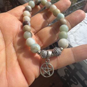Amazonite Stretch Bracelet With 925 Sterling Silver Charm, Healing Crystal Jewelry