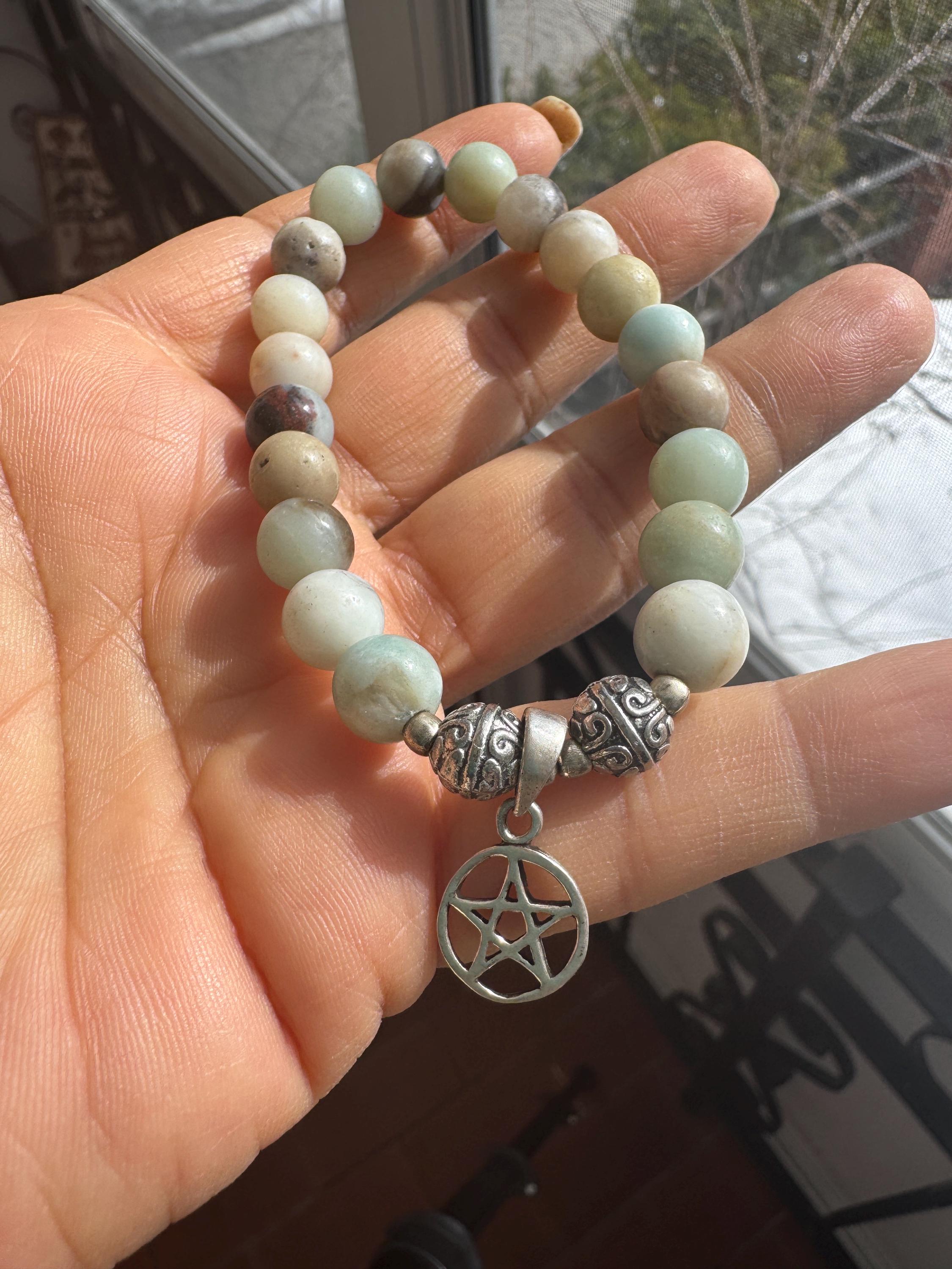 Amazonite Stretch Bracelet With 925 Sterling Silver Charm, Healing Crystal Jewelry