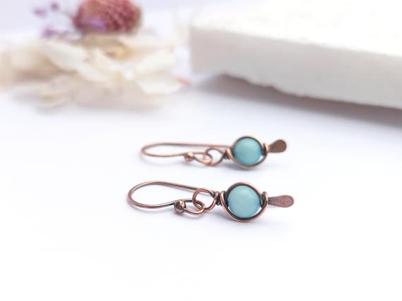 Amazonite Copper Wire Wrapped Earrings, Gift For Her, Dangle Earrings, Oxidized Copper Earrings