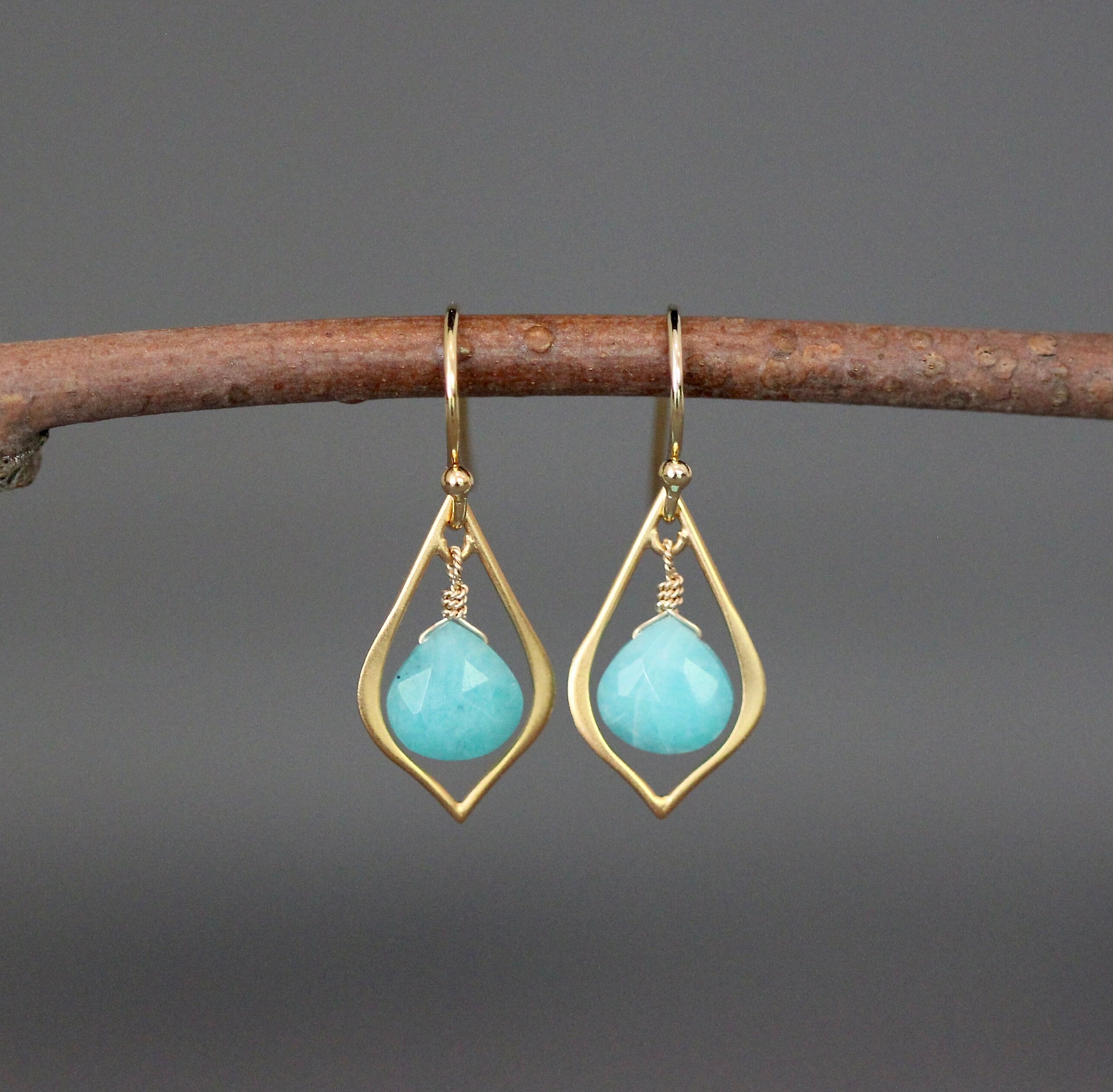 Amazonite Earrings - Green And Gold Earrings - Green Gemstone Earrings - Gold Wire Wrapped Earrings - Matte Gold Earrings - Gold Frames