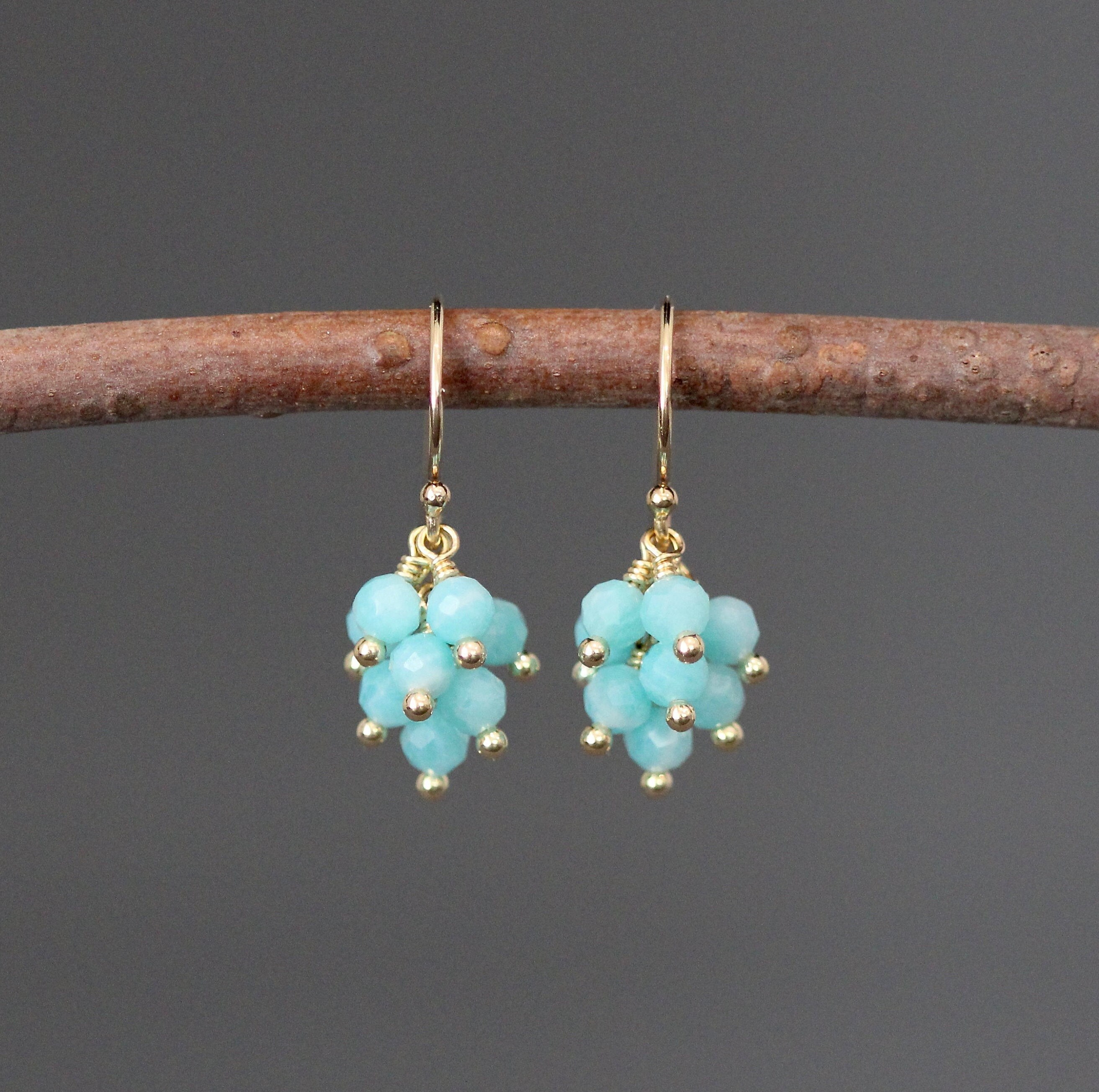Amazonite Earrings - Green Gemstone Earrings - Cluster Earrings - Wire Wrapped Earrings Gold