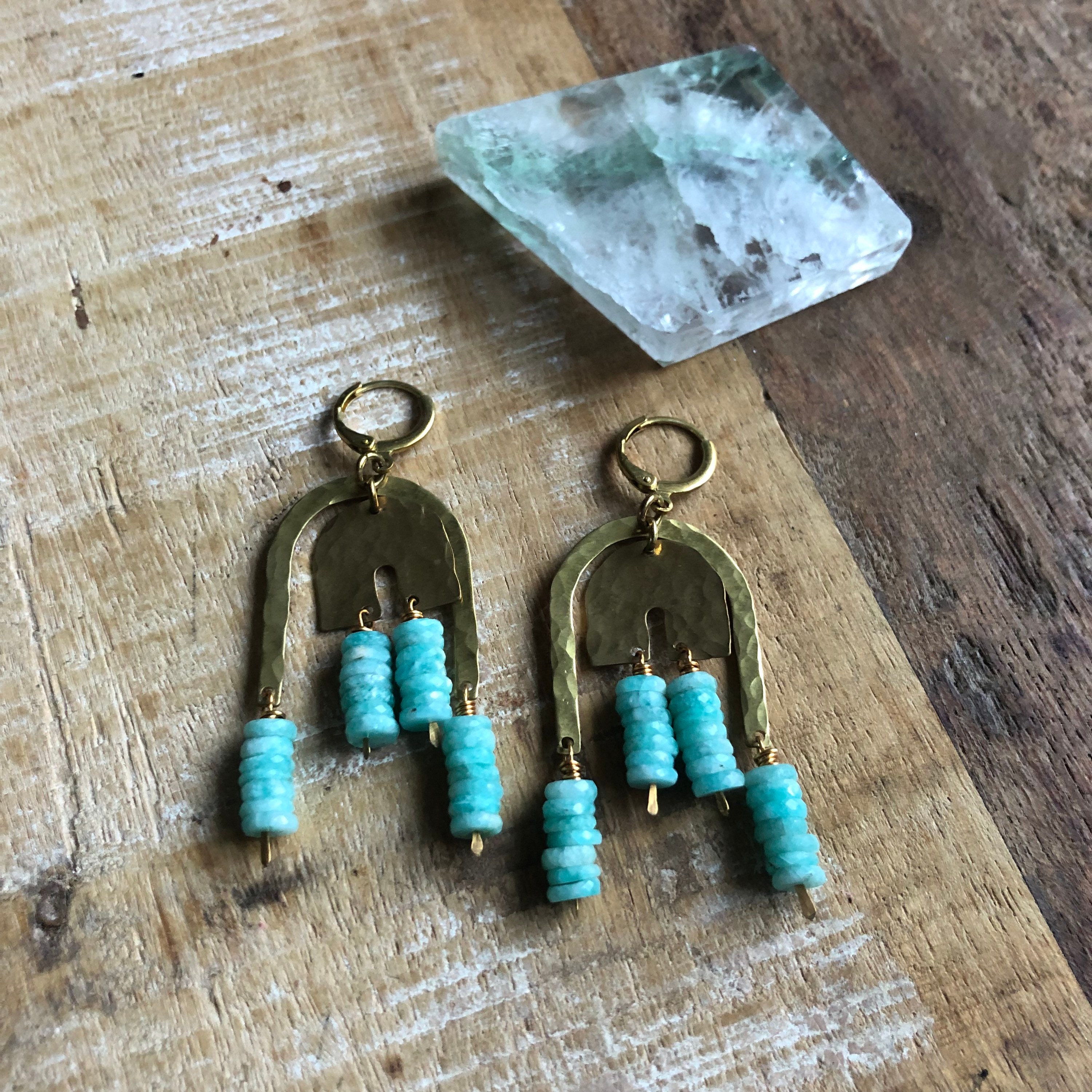 Hammered Brass And Amazonite Statement Earrings