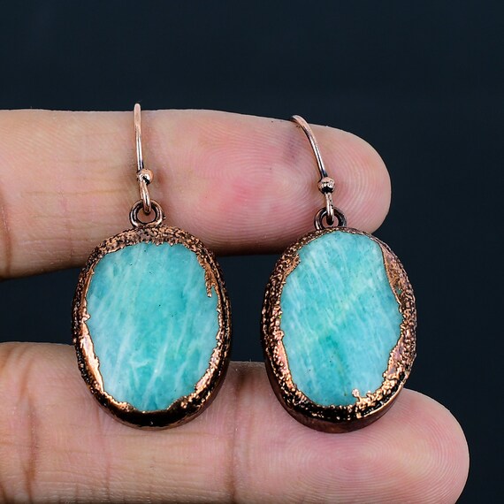Handmade Amazonite Earrings: Electroformed Copper Gemstone Jewelry