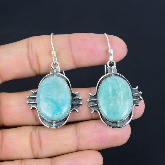 Handmade Amazonite Gemstone Earrings: 925 Sterling Silver Dangle Jewelry