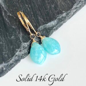 Amazonite Earrings, Milky Aqua Smooth Teardrop Earrings in Solid 14k Gold, Baby Blue Aqua Dainty Drops, Simple Dainty Jewelry in Real Gold Amazonite Earrings, Milky Aqua Smooth Teardrop Earrings in Solid 14k Gold, Baby Blue Aqua Dainty Drops, Simple Dainty Jewelry in Real Gold