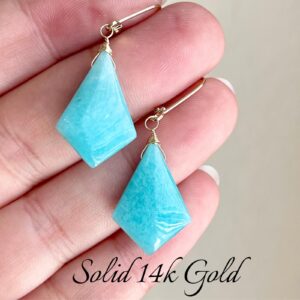 Amazonite Earrings, Natural Aqua Blue Amazonite Statement Kite Drop Earrings in Real Solid 14k Yellow Gold, Summer Jewelry, Holiday Gift Amazonite Earrings, Natural Aqua Blue Amazonite Statement Kite Drop Earrings in Real Solid 14k Yellow Gold, Summer Jewelry, Holiday Gift