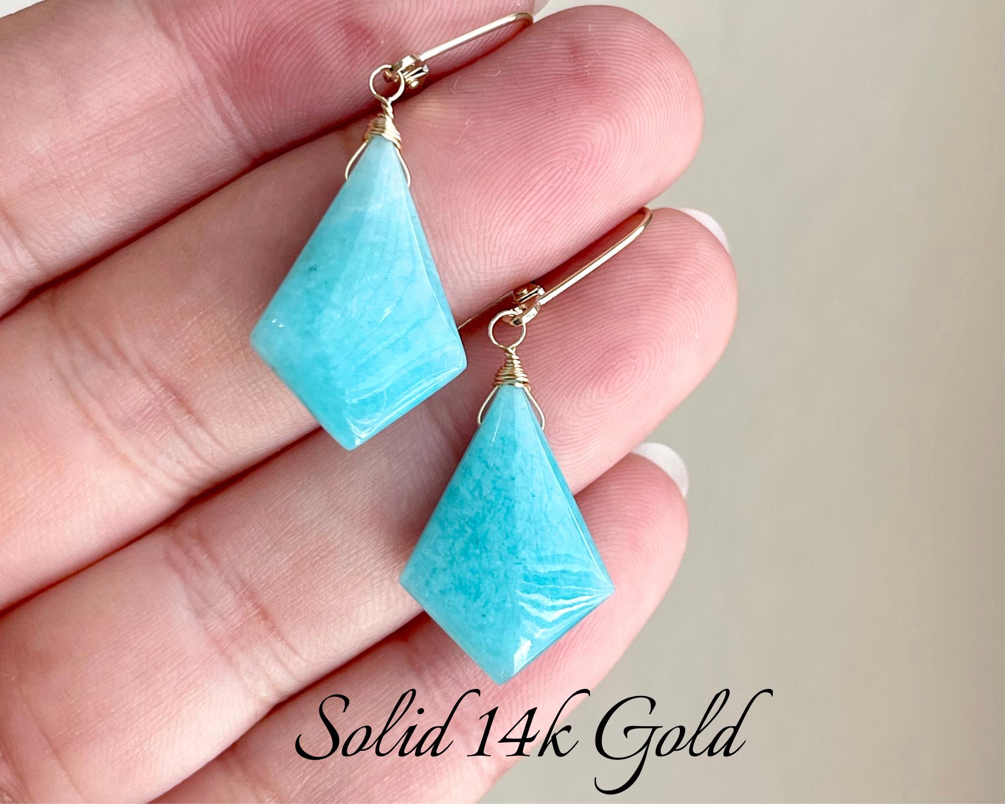 Amazonite Earrings, Natural Aqua Blue Amazonite Statement Kite Drop Earrings In Real Solid 14k Yellow Gold, Summer Jewelry, Holiday Gift Amazonite Earrings, Natural Aqua Blue Amazonite Statement Kite Drop Earrings In Real Solid 14k Yellow Gold, Summer Jewelry, Holiday Gift