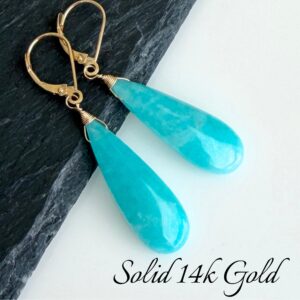 Amazonite Earrings, Natural Aqua Blue Amazonite Statement Elongated Teardrop Earrings in Real Solid 14 karat Gold, Summer Jewelry, Mom Gift Amazonite Earrings, Natural Aqua Blue Amazonite Statement Elongated Teardrop Earrings in Real Solid 14 karat Gold, Summer Jewelry, Mom Gift