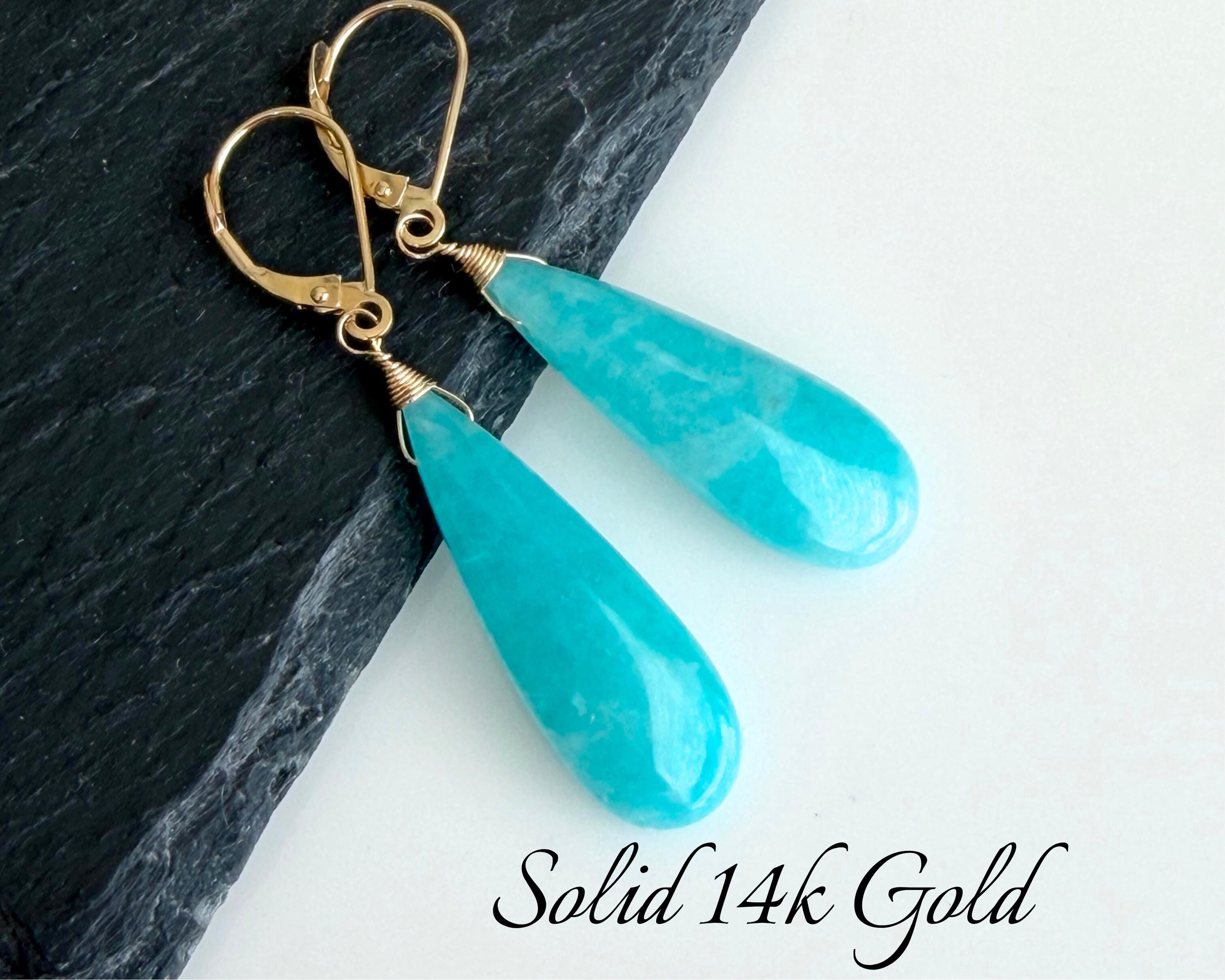 Amazonite Earrings, Natural Aqua Blue Amazonite Statement Elongated Teardrop Earrings In Real Solid 14 Karat Gold, Summer Jewelry, Mom Gift
