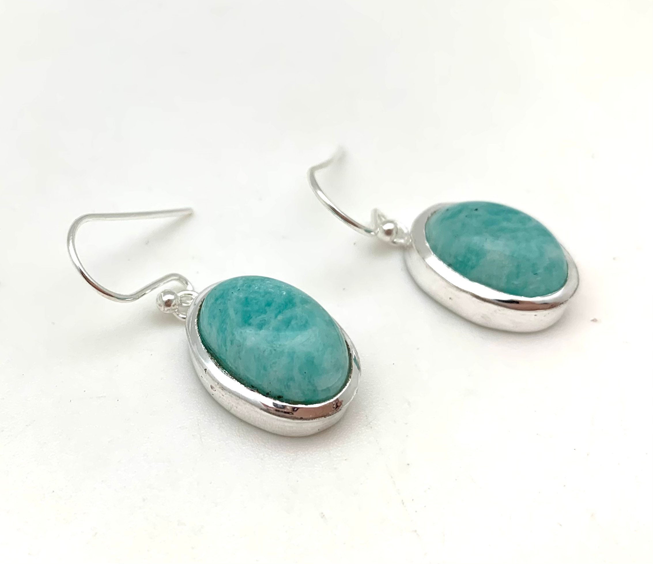Amazonite Silver Earrings - Simple Amazonite Oval Earrings - Smooth Oval Amazonite - Blue Amazonite Earrings - 925 Sterling Silver