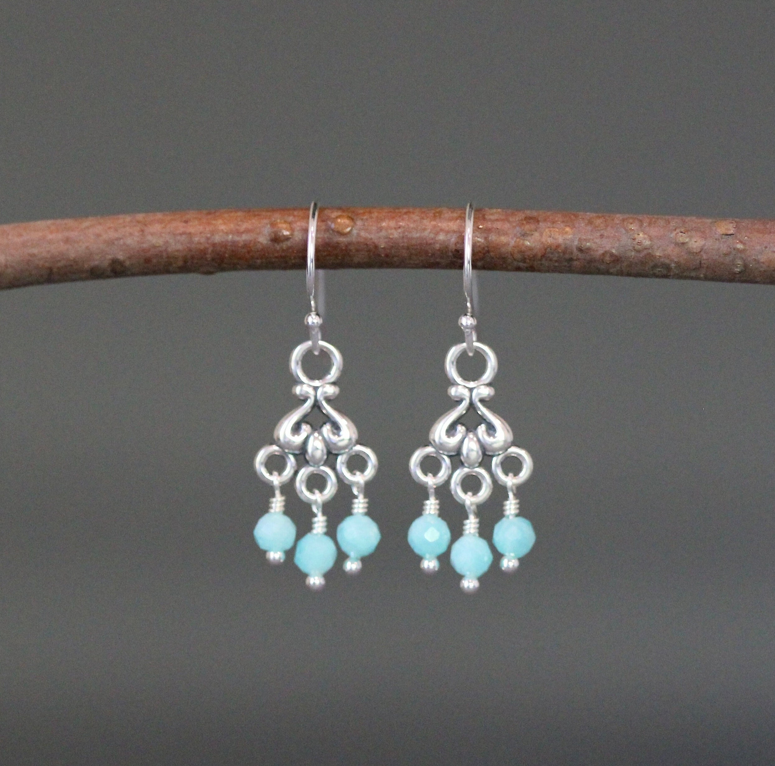 Amazonite Earrings - Small Chandelier Earrings - Blue Gemstone Earrings - Amazonite And Silver - Silver Wire Wrapped Earrings - Multi Stone