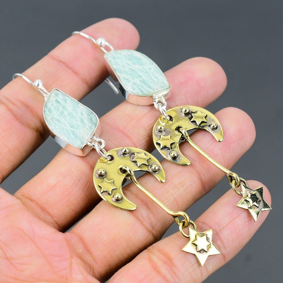Amazonite Star Moon Earrings: 925 Sterling Silver, 18k Gold Plated Amazonite Star Moon Earrings: 925 Sterling Silver, 18k Gold Plated