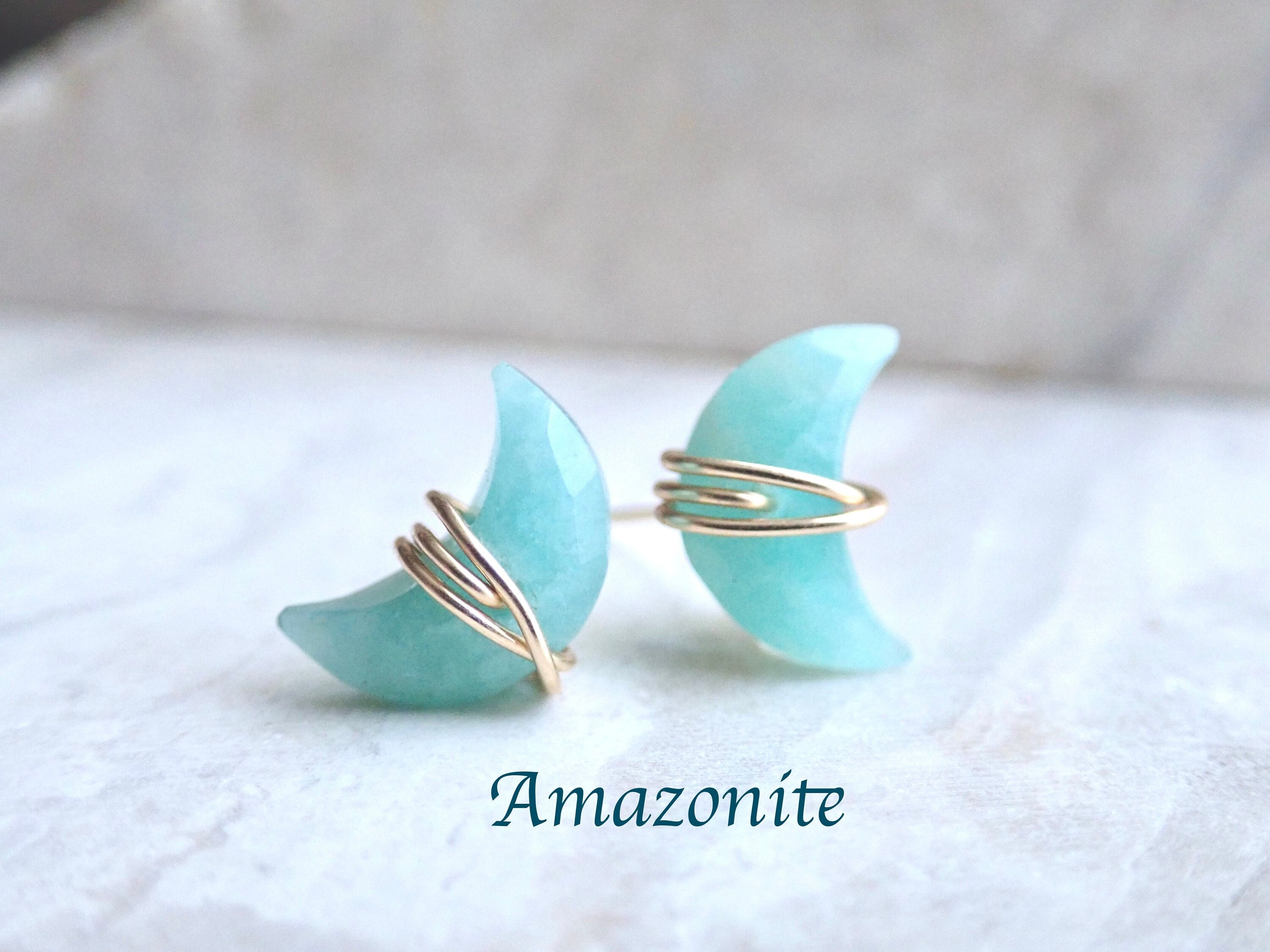 Amazonite Stud Earrings, Crescent Moon Earrings, Wire Wrapped Stone Gemstone Post, Celestial Jewelry, Half Moon Earrings, Amazonite Jewelry