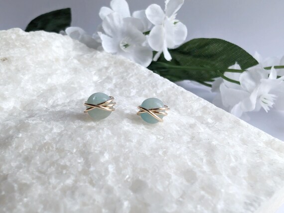 Amazonite Stud Earrings Sterling Silver 14k Gold Filled Jewellery Wire Wrapped Gift For Her Dainty Earring Studs