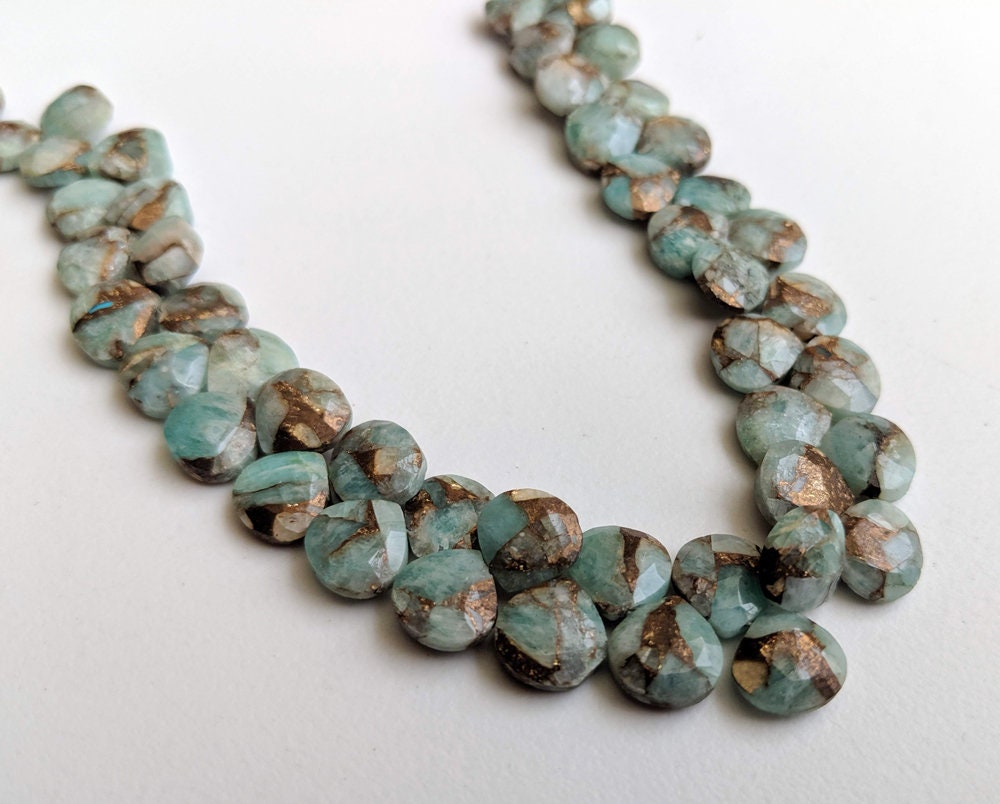 8.5mm Mojave Amazonite Copper Turquoise Faceted Hearts, Copper Turquoise Fancy Heart, Natural Amazonite For Necklace (4in To 8in Options)