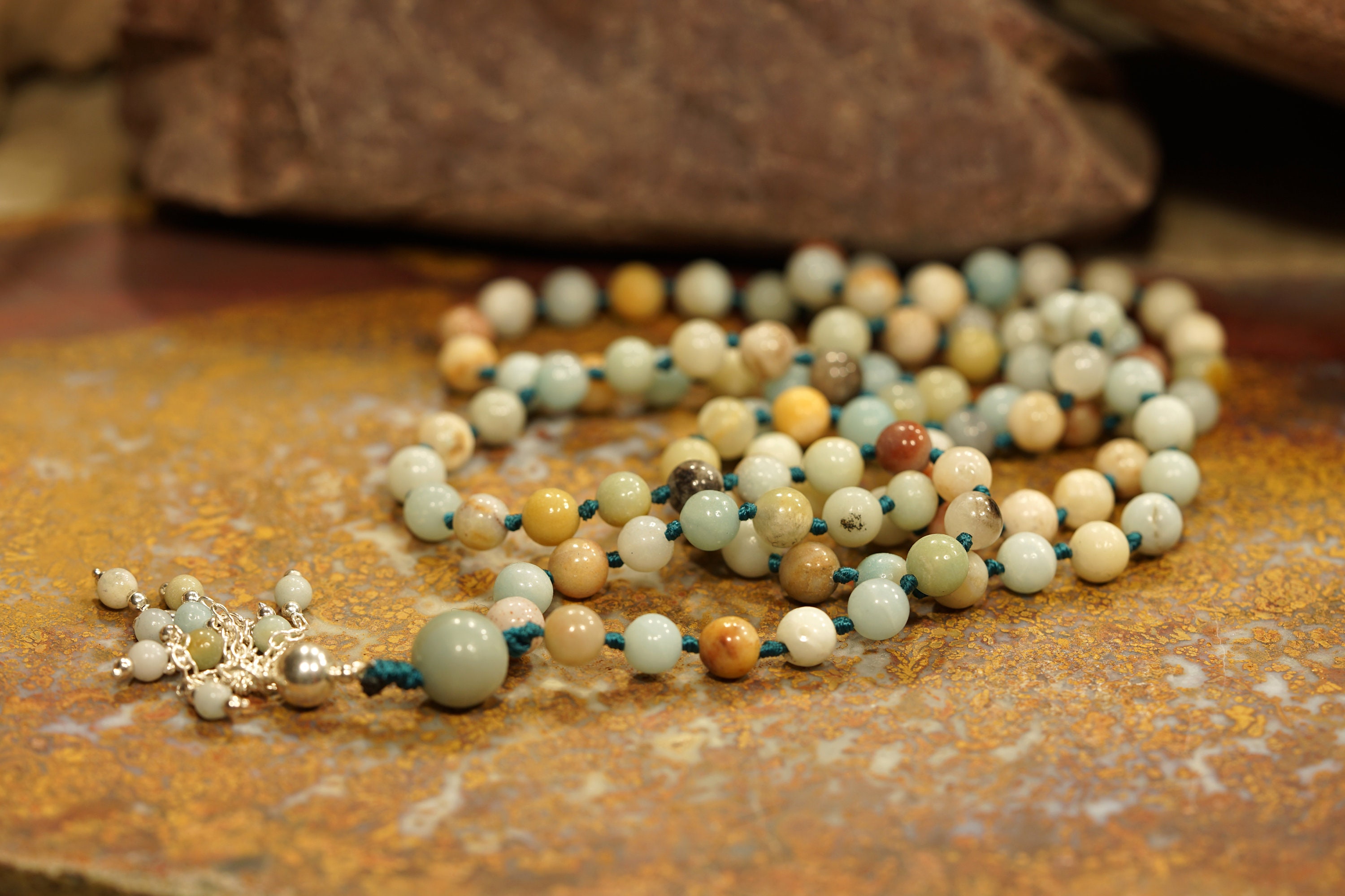 Amazonite A Mala • 108+ • 6-mm • Beaded Sterling Silver Tassel • Stone Of Courage • Stone Of Truth • 0694