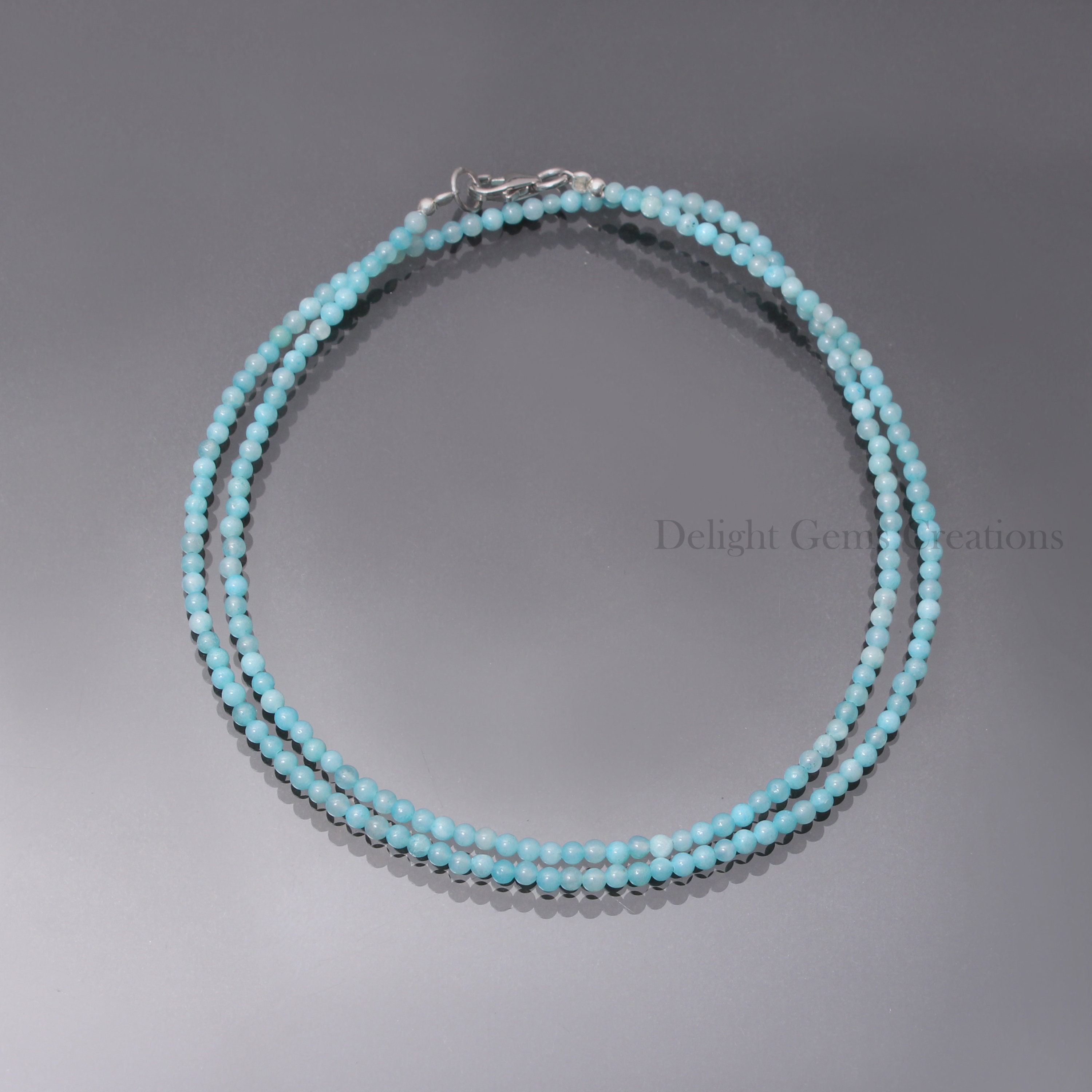 Amazonite Beaded Necklace, 2mm Micro Smooth Round Beads, Blue Gemstone