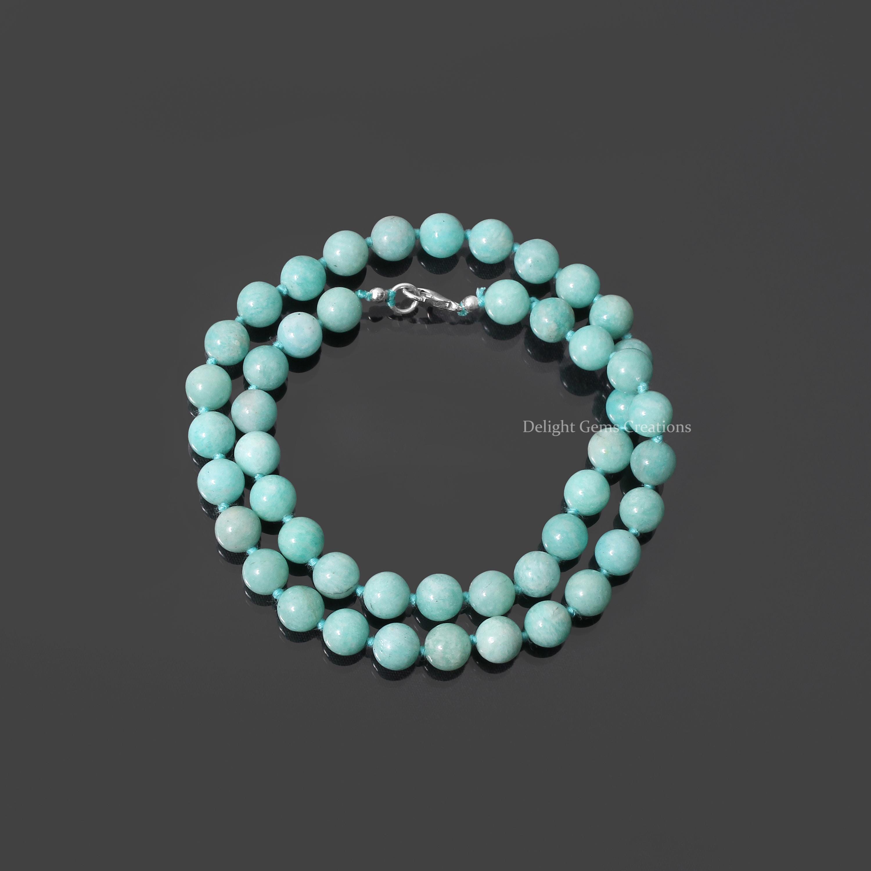 Amazonite Beaded Necklace, Handknotted 8mm Smooth Round Beads, 18 Inch