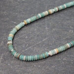 Amazonite Necklace: Black Gold Rondelle Beads, Silver Heishi