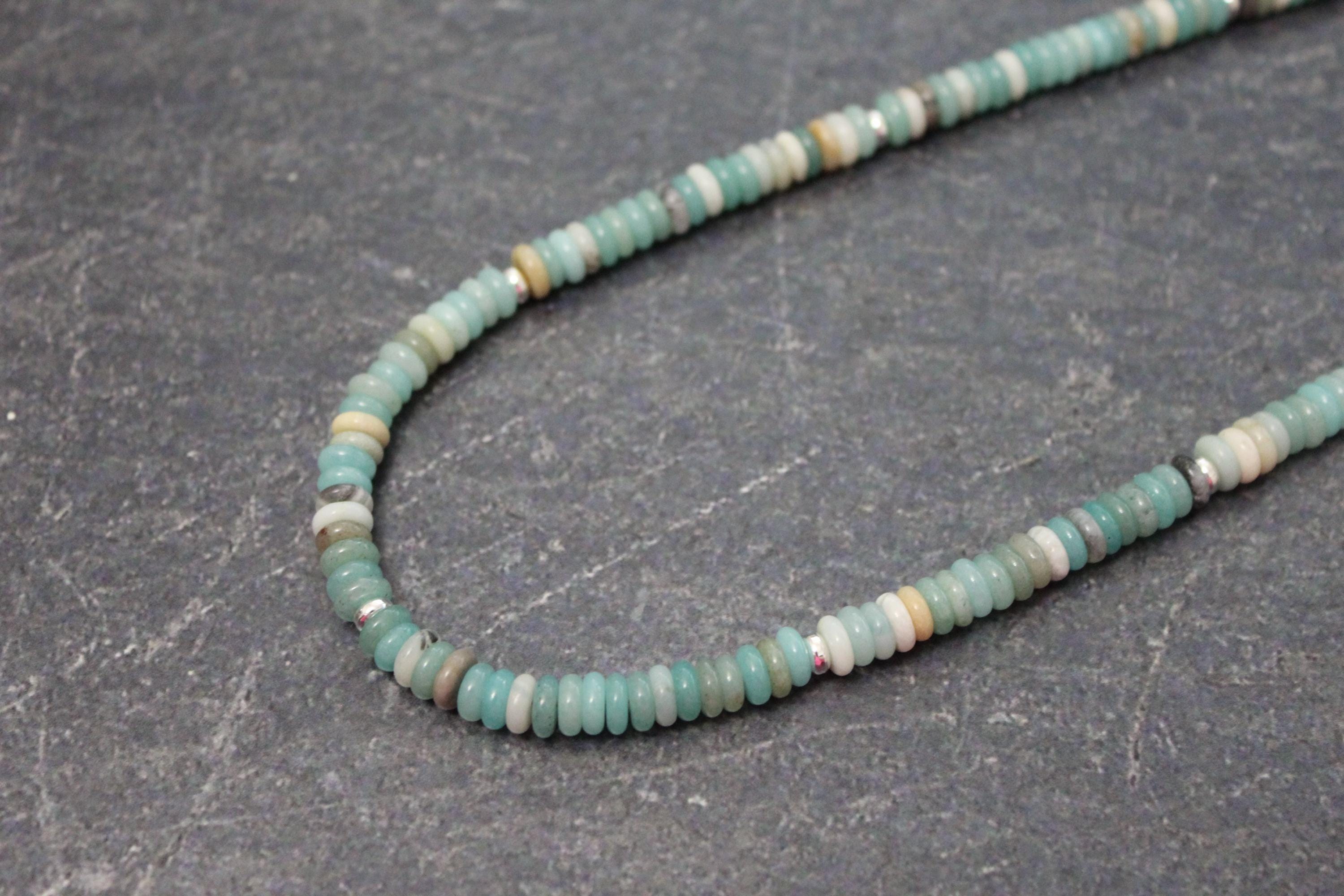 Amazonite Necklace: Black Gold Rondelle Beads, Silver Heishi