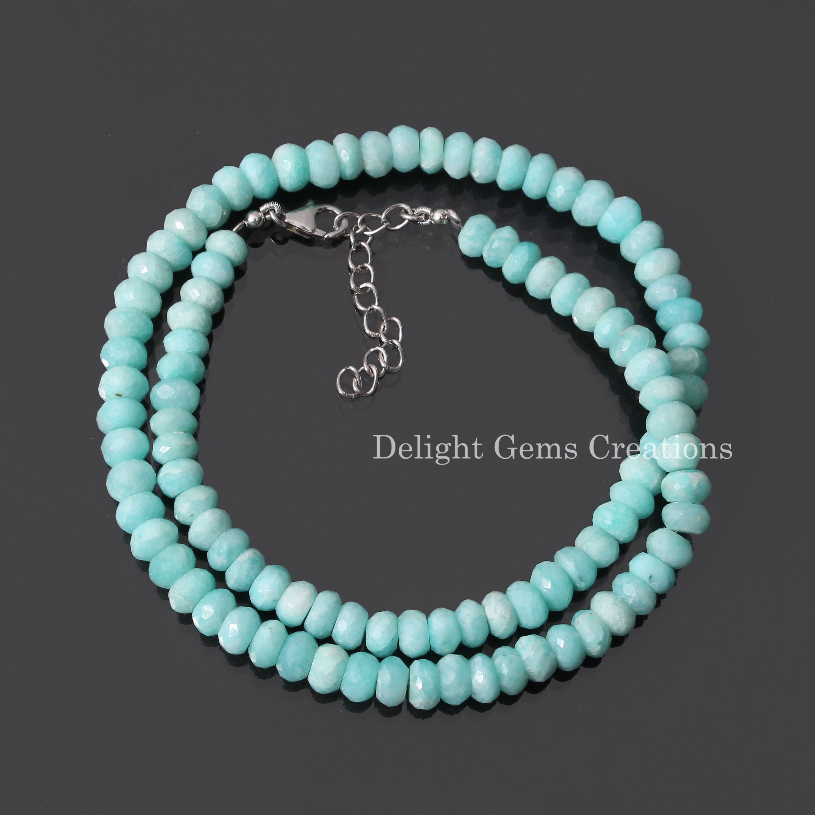 Blue Amazonite Beaded Necklace, 925 Silver Claw, Faceted Rondelle