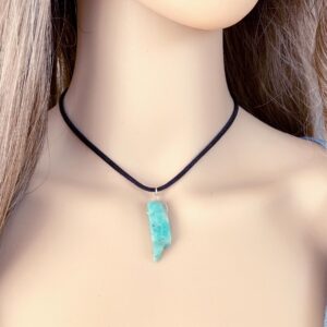 Blue Gemstone Choker Necklace Mens Or Womens Amazonite Crystal Necklace, Black Cord Vegan Leather Choker, Witch Necklace, Boho Gemstone Gift