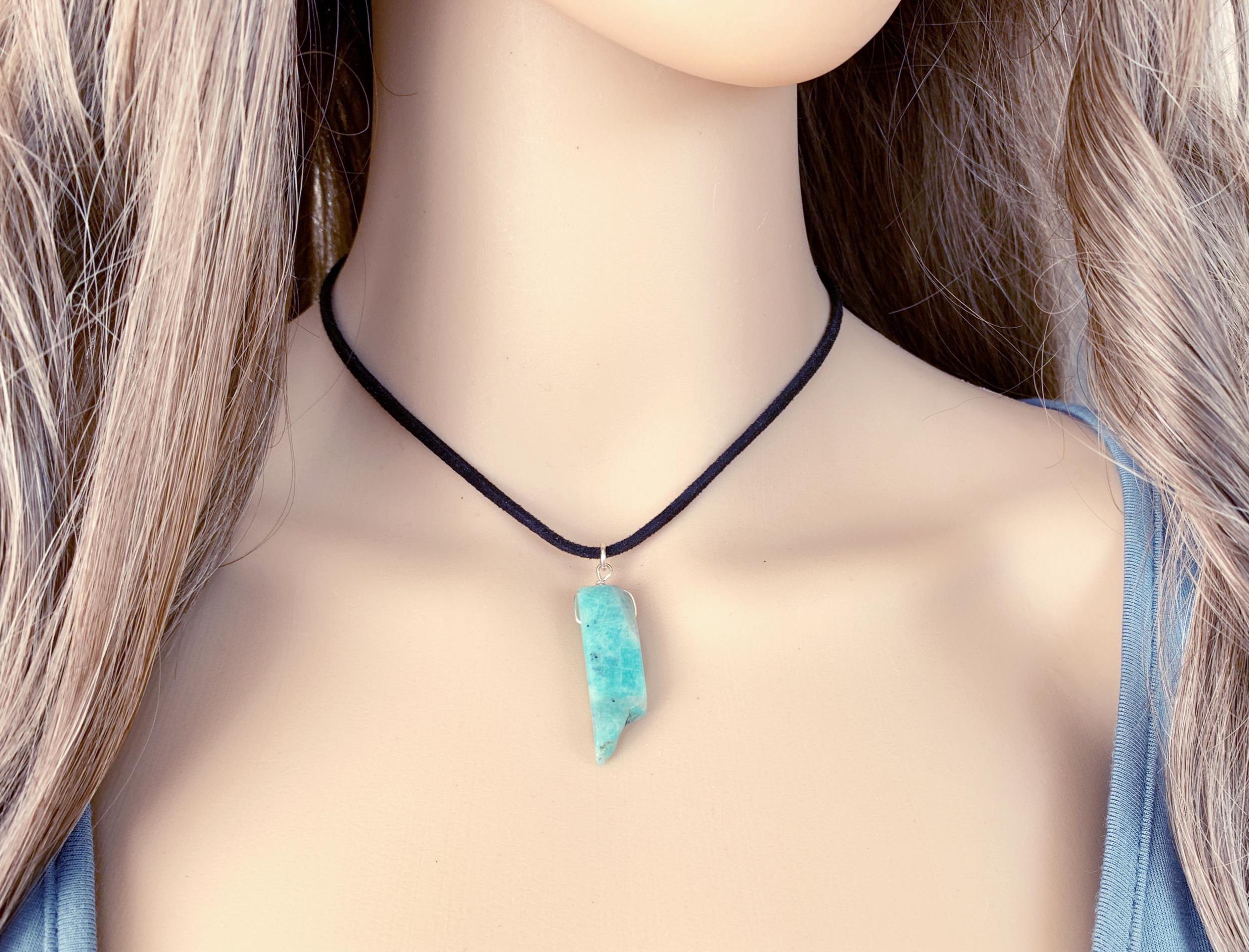 Blue Gemstone Choker Necklace Mens Or Womens Amazonite Crystal Necklace, Black Cord Vegan Leather Choker, Witch Necklace, Boho Gemstone Gift