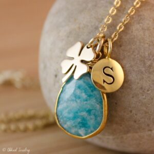 Blue Amazonite Teardrop Necklace: Gold Clover & Initial Charm