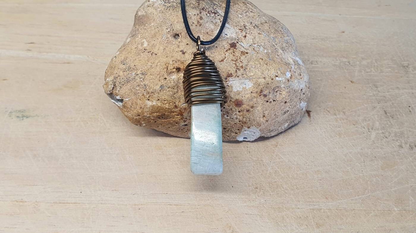 Bronze Wire Wrapped Mens Amazonite Necklace. Virgo Jewelry. Unisex Crystal Reiki Jewelry Uk. Necklaces For Men. Boho Style