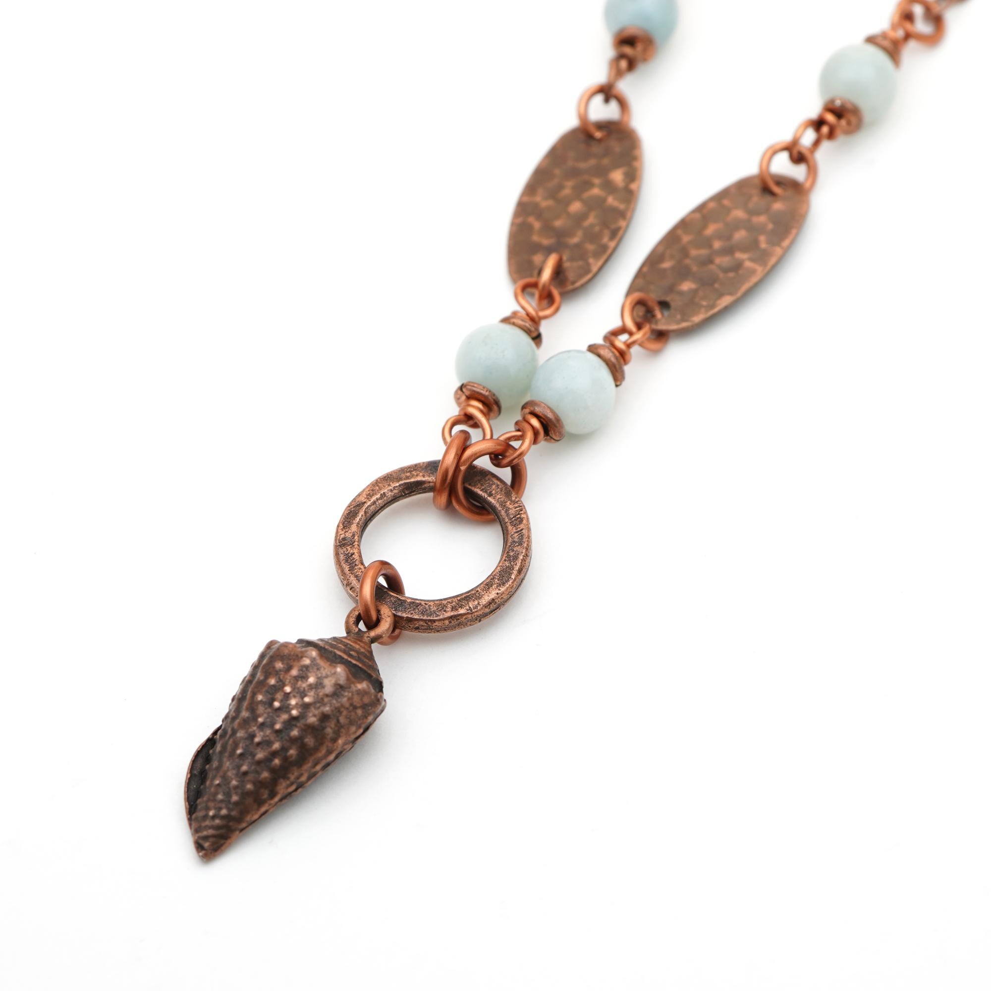 Copper Shell Necklace With Light Blue Amazonite Beads And Chain, 20 1/4 Inches Long