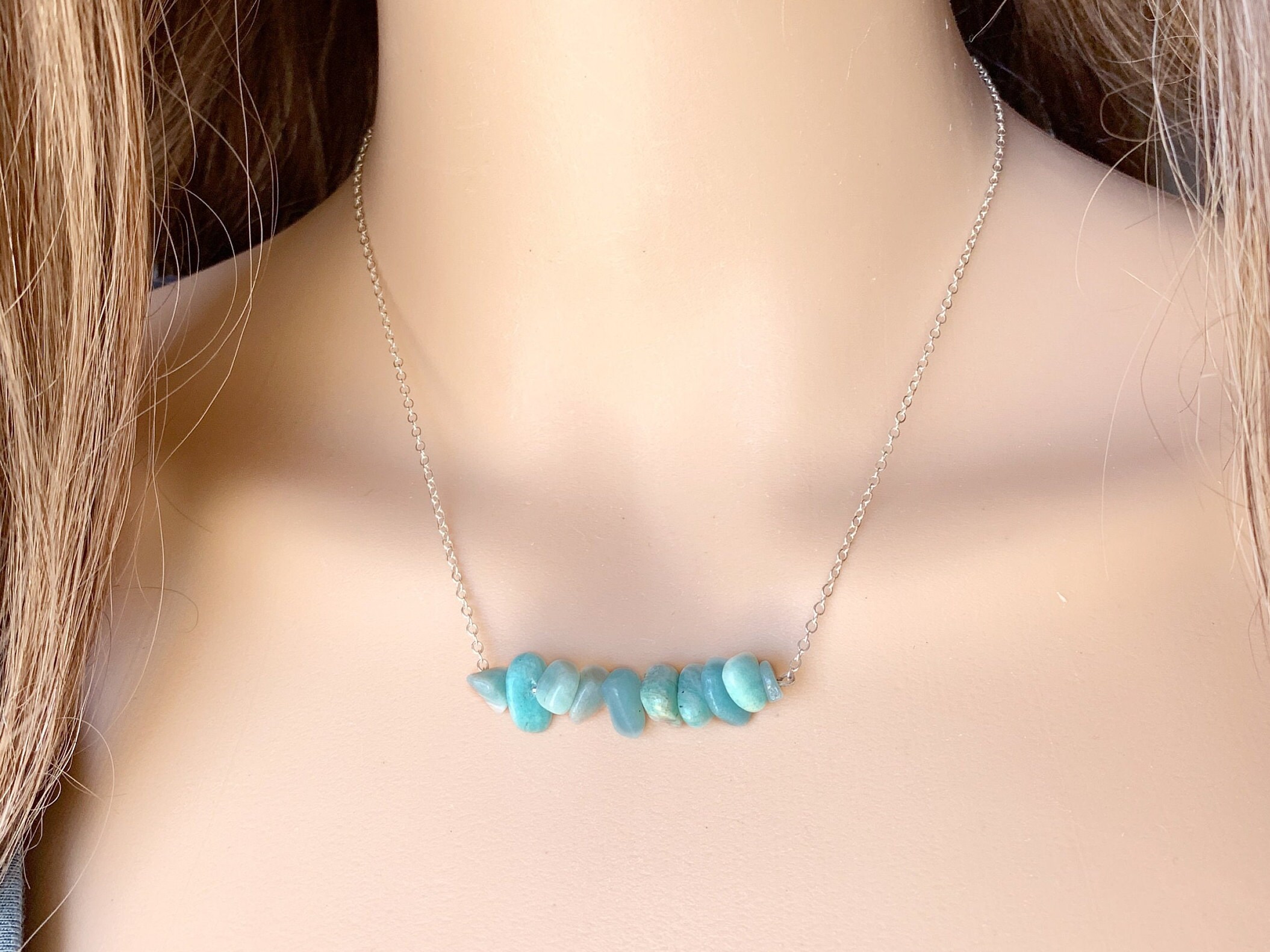 Amazonite Crystal Beaded Necklace Silver, Amazonite Necklace Gold, Tiny Blue Gemstone Jewlery, Aqua Stone Necklace For Women, Gift For Her