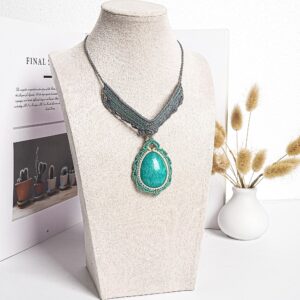 Cyan Amazonite Macrame Necklace Genuine Natural Grade AAA Amazonite Necklace Gemstone Neckalce(95928)