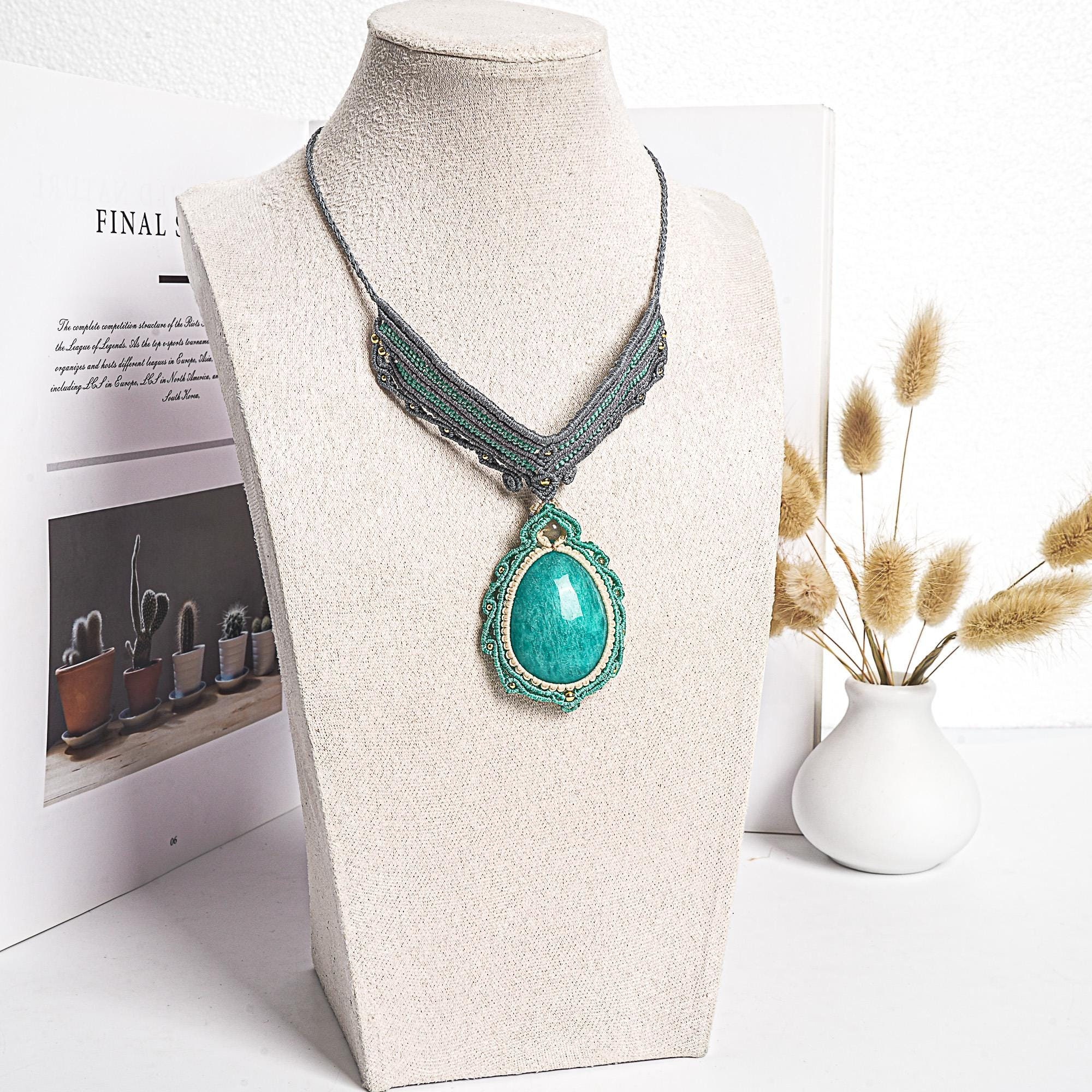 Cyan Amazonite Macrame Necklace Genuine Natural Grade Aaa Amazonite Necklace Gemstone Neckalce(95928)