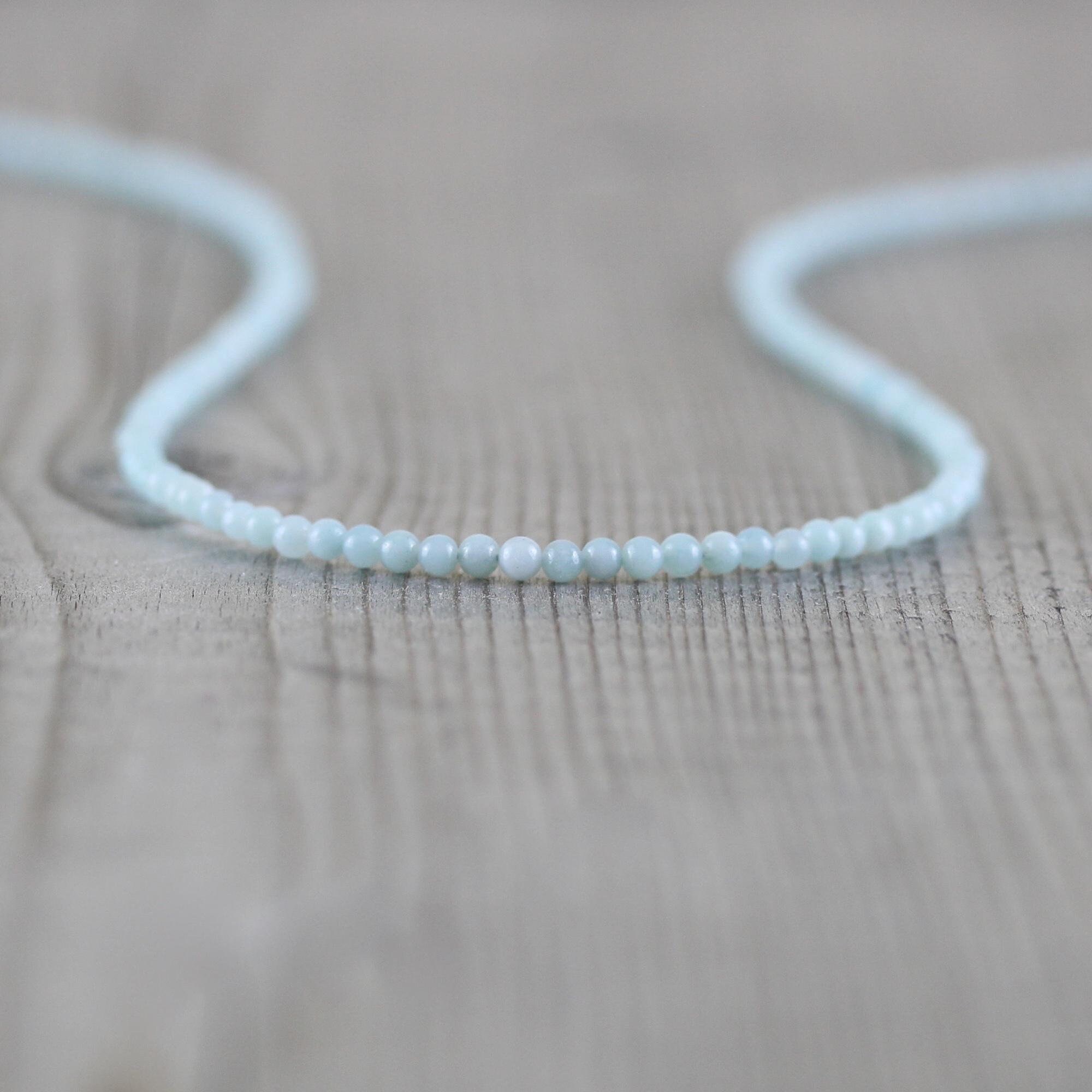 Amazonite Delicate Beaded Necklace In Sterling Silver, Gold Or Rose Gold Filled, Dainty 2mm Gemstone Choker, Long Crystal Layering Necklace