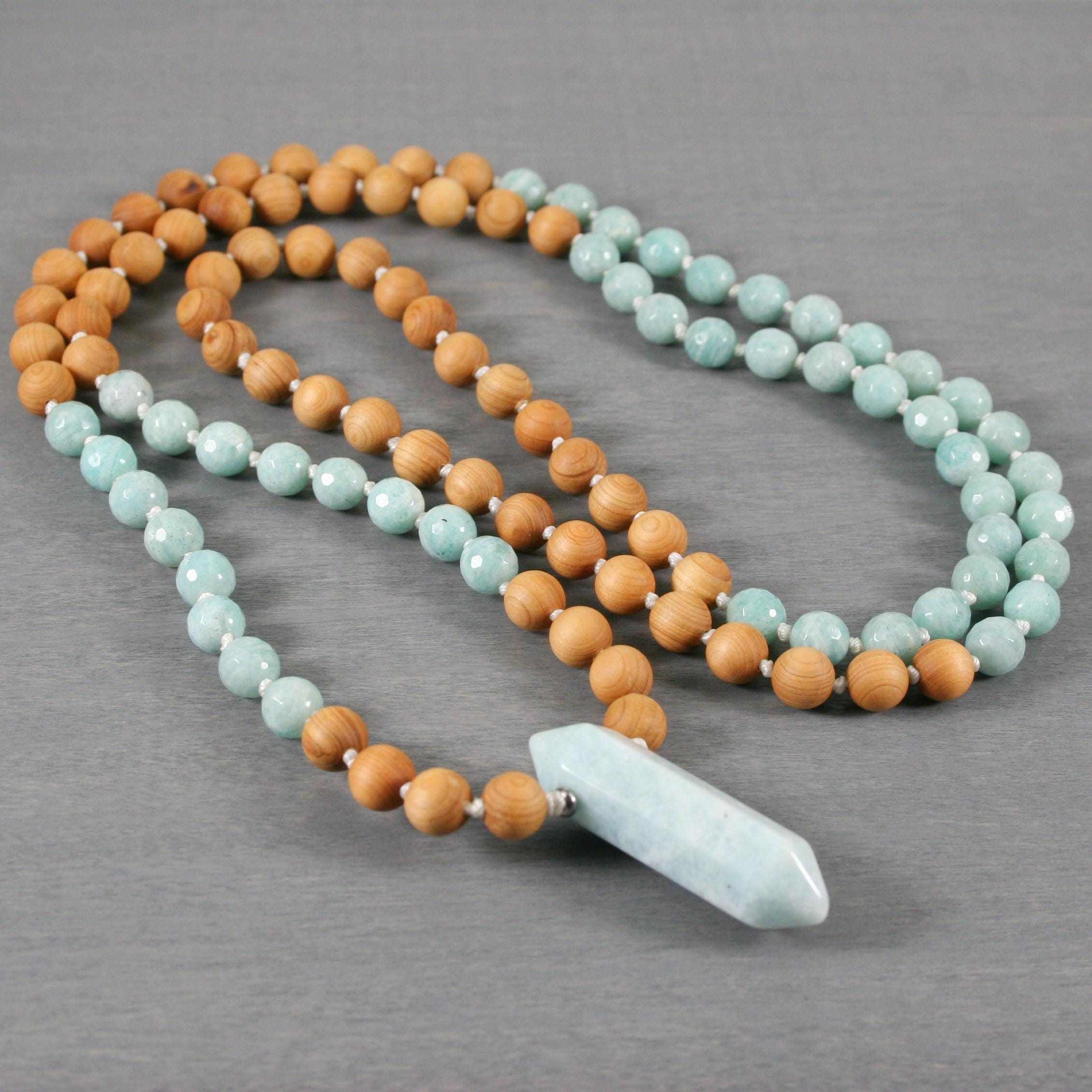 Faceted Amazonite & Thuja Sutchuenensis Wood Hand-knotted Japa Mala With Hexagonal Amazonite Crystal Point