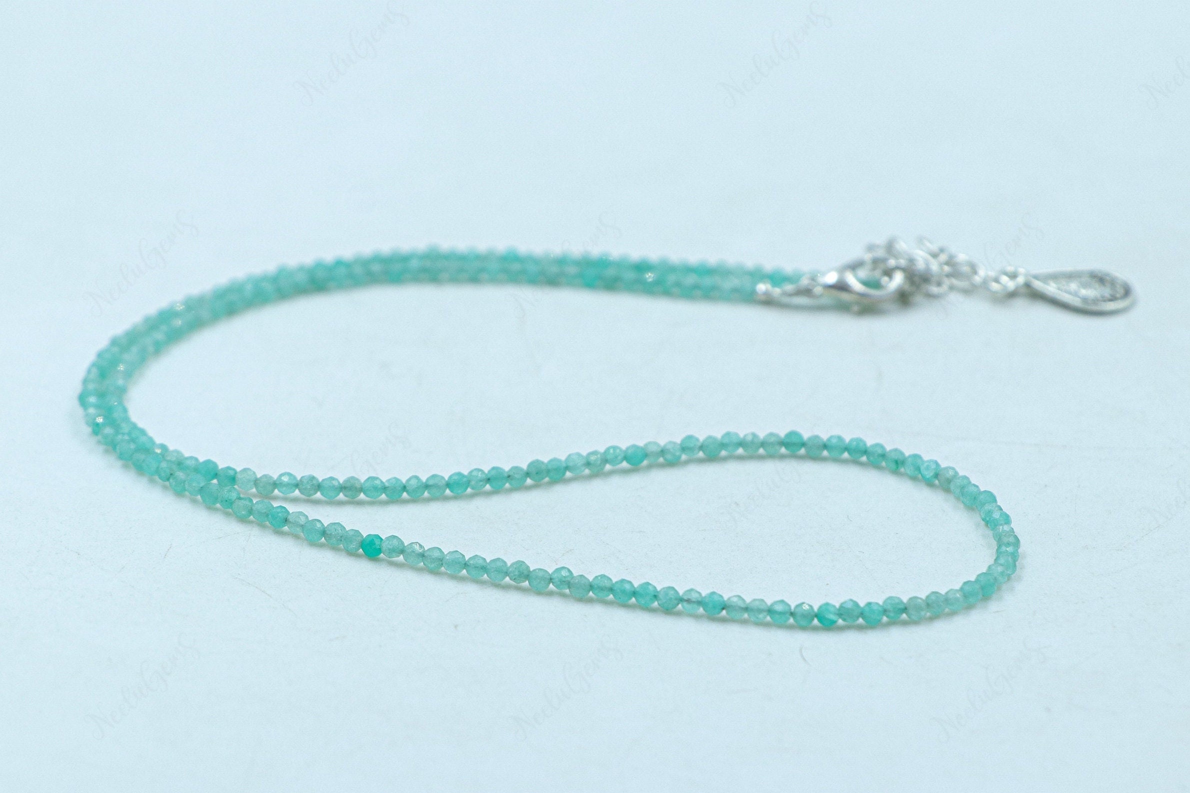 Natural Blue Amazonite Necklace, 2mm Micro Faceted Gemstone Choker, Dainty Teal Aqua Stone Jewelry, Hope & Courage Crystal, Gift For Her
