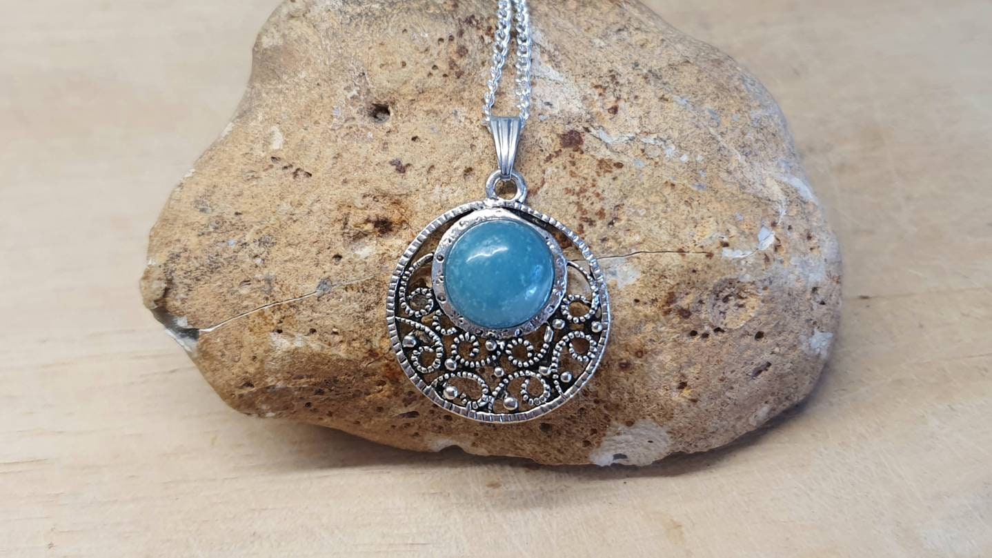 Round Filigree Boho Amazonite Necklace. Virgo Jewelry. Crystal Reiki Jewelry Uk. Pale Green Semi Precious Stone. Hippy Style Accessory.