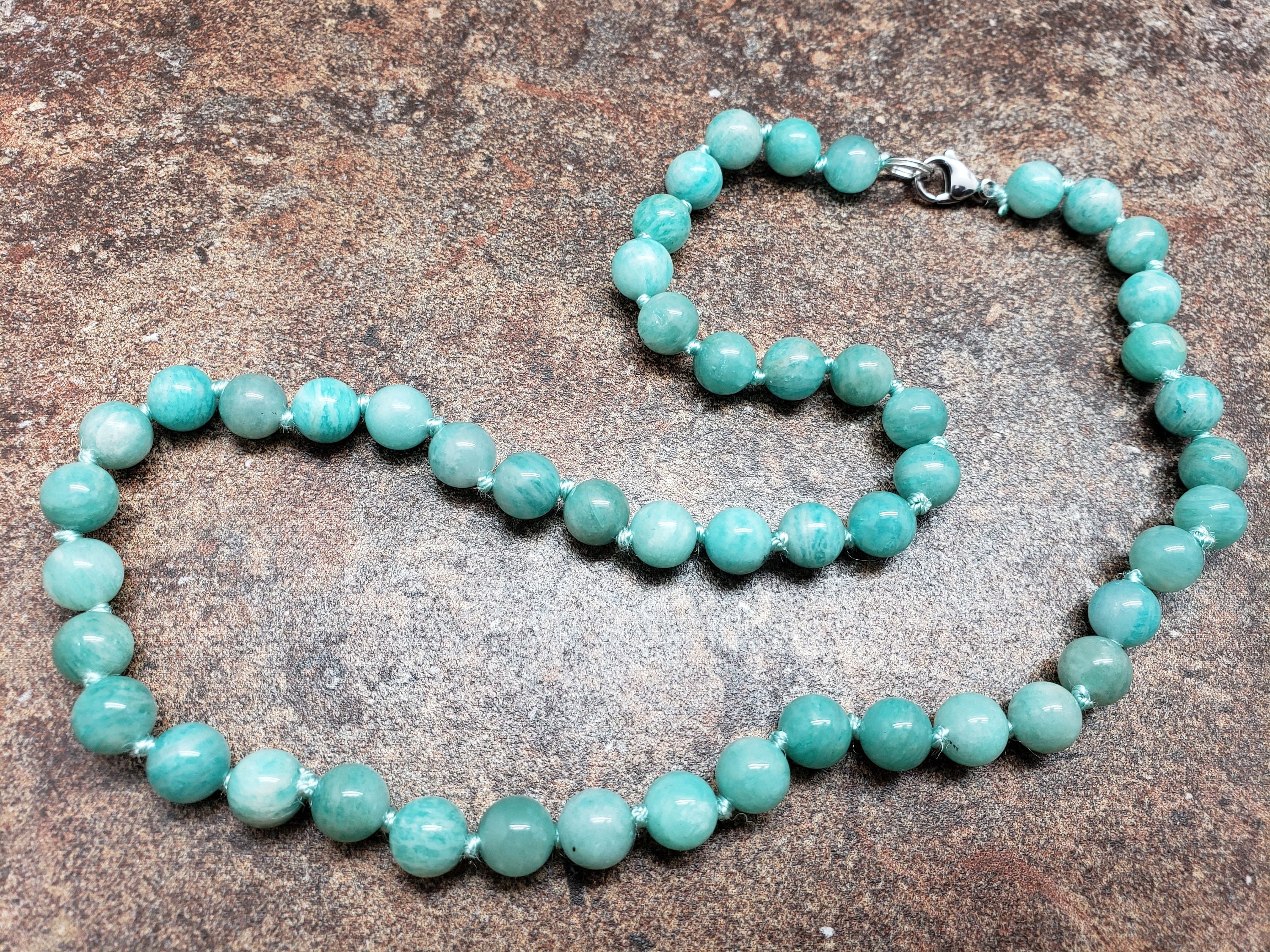 Amazonite, Sri Lankan, Hand Knotted Necklace With Lobster Claw Clasp