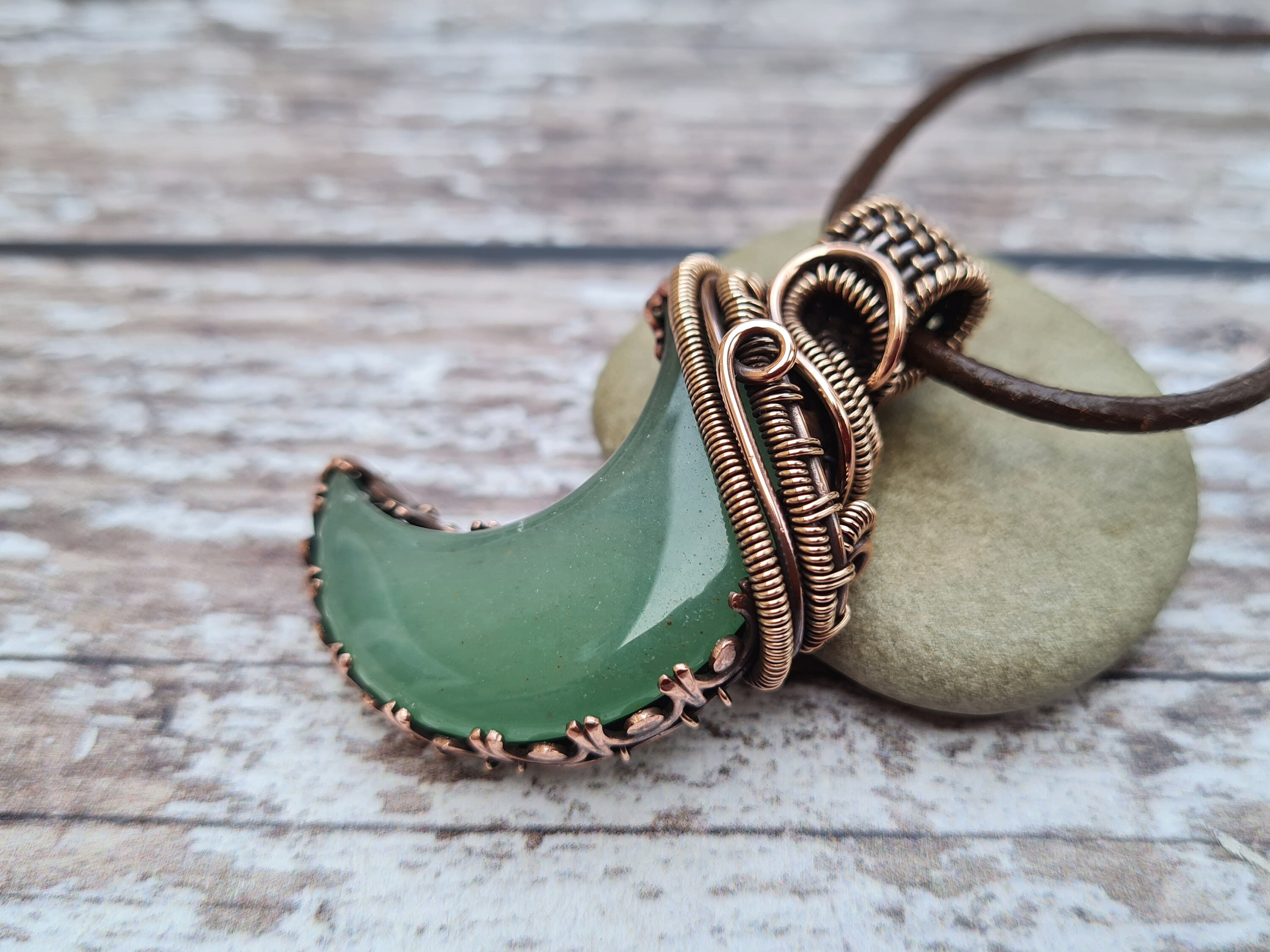 Wire Wrapped Amazonite Crescent Moon Necklace, Bronze & Copper Celestial Jewelry