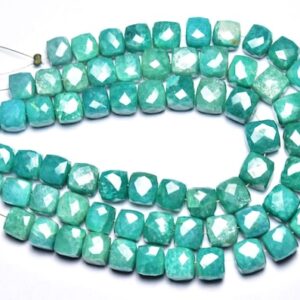 Amazonite Cube Beads - 7 Inches - Natural Super Quality Most Beautiful Vivid Amazonite Faceted Cube Box Briolettes - Size Is 7.50-9mm #507