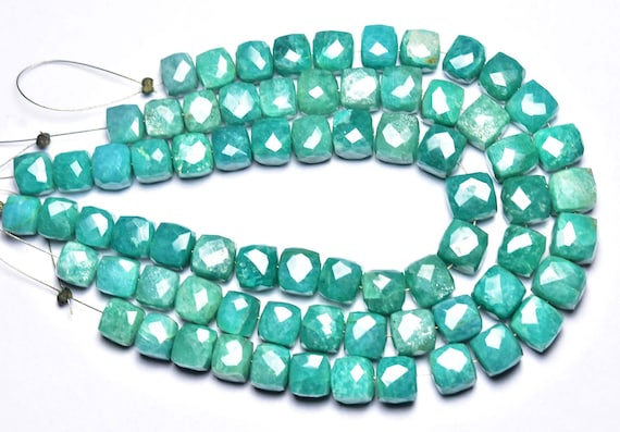 Amazonite Cube Beads - 7 Inches - Natural Super Quality Most Beautiful Vivid Amazonite Faceted Cube Box Briolettes - Size Is 7.50-9mm #507