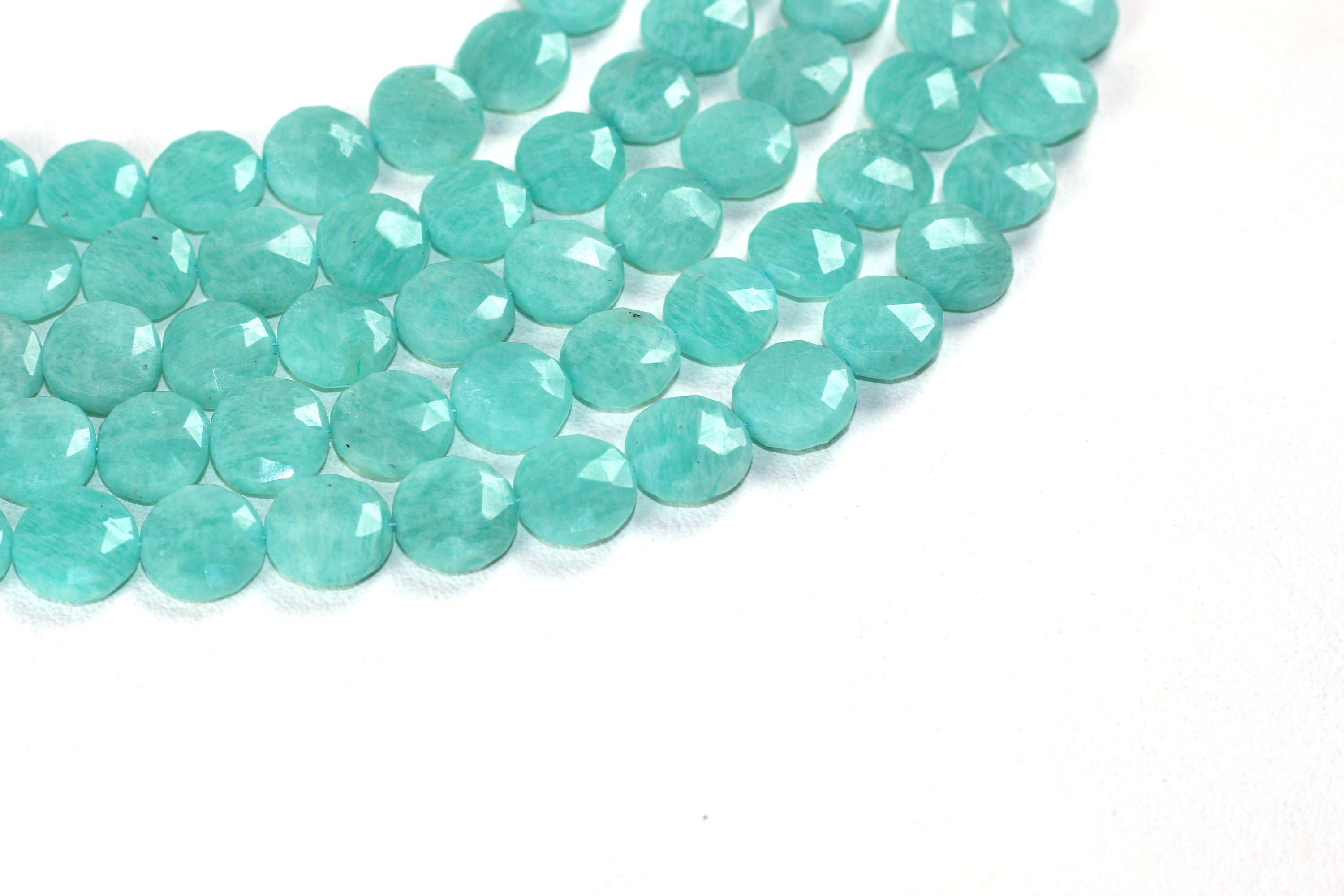 Faceted Amazonite Coin Beads: Natural Gemstone Strand (11-12mm) Faceted Amazonite Coin Beads: Natural Gemstone Strand (11-12mm)