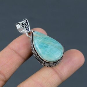 Antique Amazonite Pendant: Pear Gemstone, 925 Sterling Silver Antique Amazonite Pendant: Pear Gemstone, 925 Sterling Silver