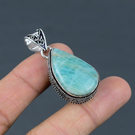 Antique Amazonite Pendant: Pear Gemstone, 925 Sterling Silver