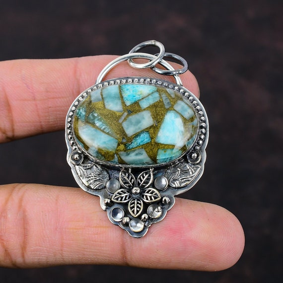 Copper Amazonite 925 Sterling Silver Pendant: Handmade Flower Jewelry