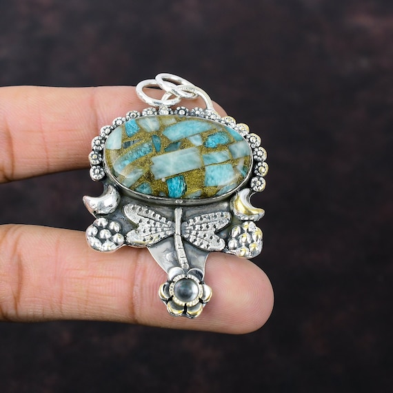 Copper Amazonite Dragonfly Pendant: Handmade 925 Sterling Silver Jewelry