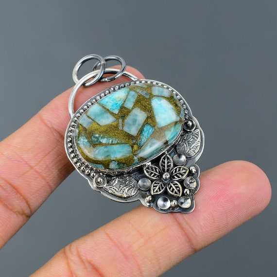 Copper Amazonite Flower Pendant: Handmade 925 Sterling Silver Gemstone Jewelry