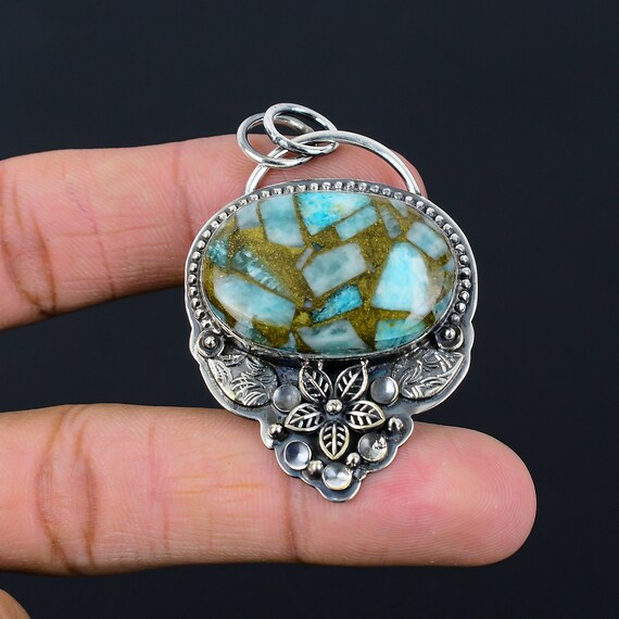 Copper Amazonite Sterling Silver Pendant: Handmade Flower Jewelry