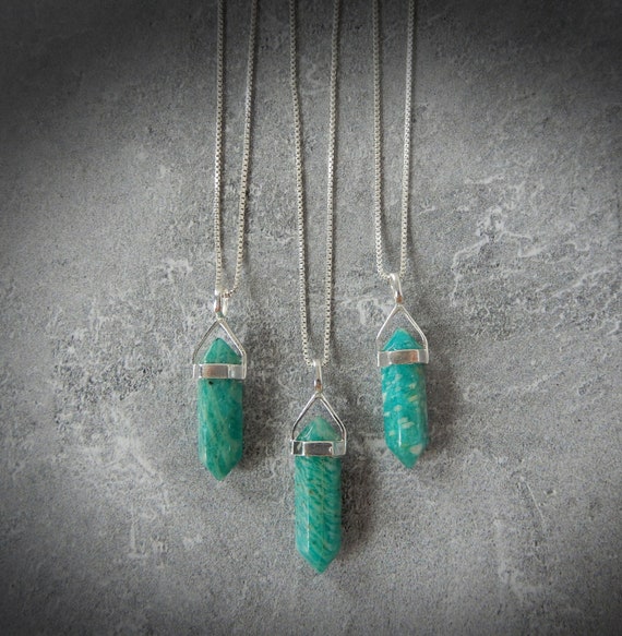Amazonite Gemstone Necklace Sterling Silver • Genuine Amazonite Point Pendant • Gift For Crystal Lover • Crystal Point In Sterling Silver